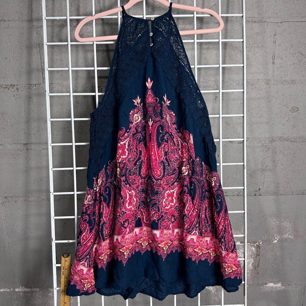 Free People festival bandanna Halter Navy Pink Paisley Crochet Lace Boho Dress - Picture 7 of 8